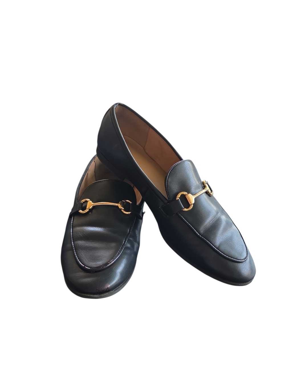 H&M Black Leather Loafers with Gold Buckle Hardware